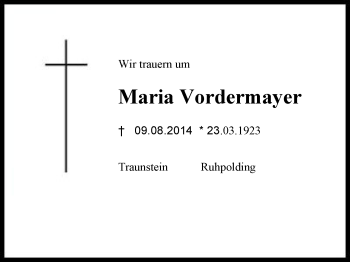 Traueranzeige von Maria Vordermayer von Region Chiemgau